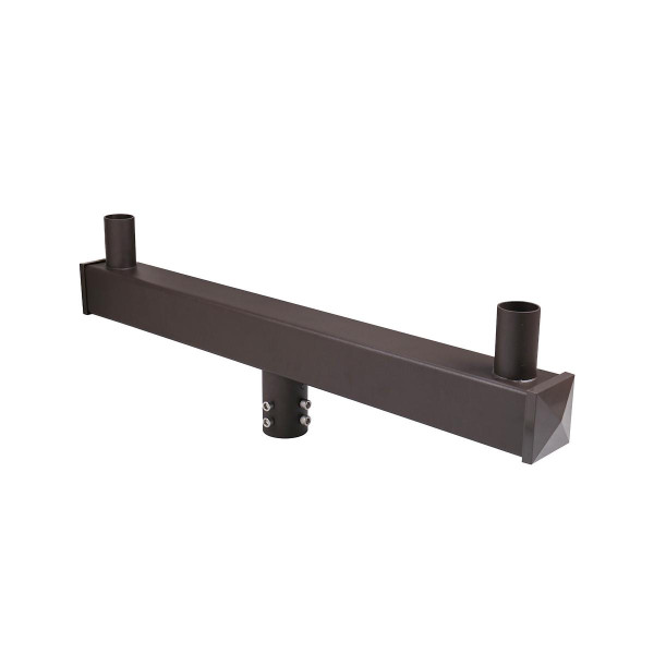 Eiko 2 Light In-Line, Round-Square-Round Bracket, Pipe Diameter 2-3/8 inches, End Caps Included, Bronze, product image showing a black metal light fixture support bracket with two cylindrical attachments for pipe installation.