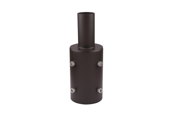 Eiko 2-3/8'' Tenon Adapter for 4" Round Poles, Bronze, showing a cylindrical bronze connector with bolts for attaching to round poles.