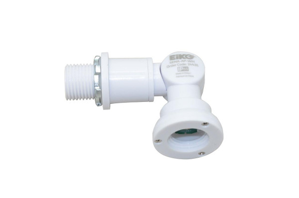 Eiko Screw-In IP65 White Stem Swivel Mounting Bracket, 12-24VDC Max, with 2ft V+ Yellow, Dim- Pink, Dim+ Purple wiring, suitable for outdoor lighting installation.