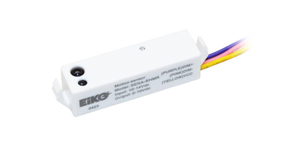 Eiko Stand-alone Microwave Motion Sensor, 12-14V with behind the lens push-in design, daylight harvesting capability, suitable for 8-20ft detection range, featuring 16-inch wires and parameters set by SEN5A-ACT.