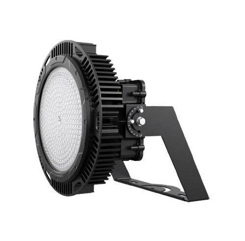 Eiko Signal 450W 70CRI 4000K 120-277V 0-10V Dimming Glass Lens Z10, industrial LED floodlight with black heatsink and adjustable mounting bracket.