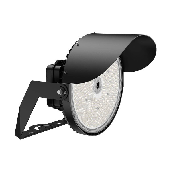 Eiko SIG3 Sports Light & High Bay PowerSet 800/750/700W 5000K 30° 120-277V 0-10 Dimming Black, angle view of the black industrial lighting fixture with a circular LED array and adjustable mounting bracket.