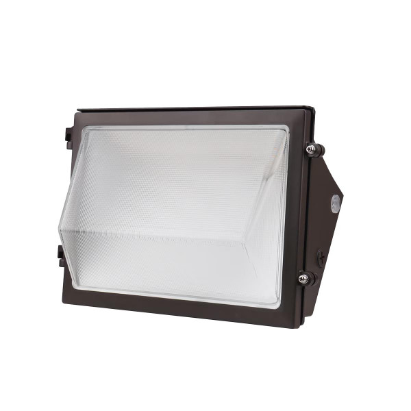 Eiko TWP1 Traditional Wall Pack, PowerSet 45/35/25W, FieldCCeT 3000/4000/5000K, 120-347V, 0-10V Dimming, Photocell, Bronze, black metal housing with frosted glass lens.