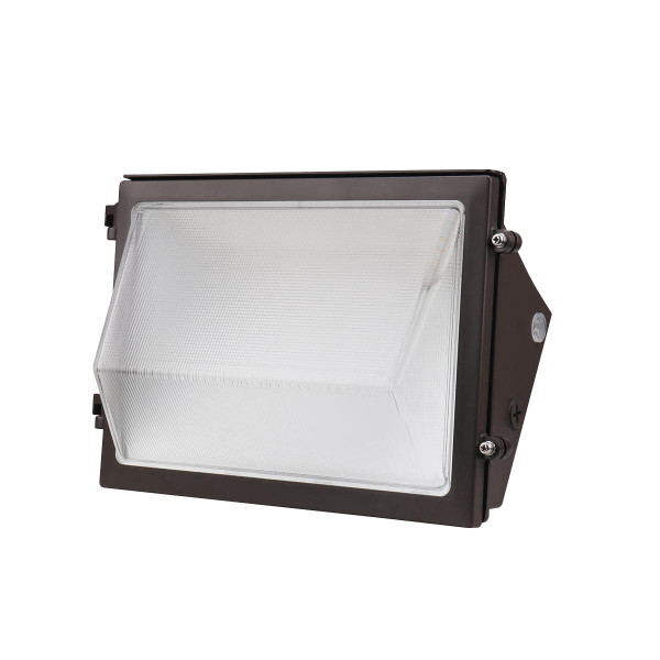 Eiko TWP1 Traditional Wall Pack, PowerSet 80/70/60W, FieldCCeT 3000/4000/5000K, 120-347V, 0-10V Dimming, Photocell, Bronze - image of a black bronze wall-mounted outdoor lighting fixture with a large transparent panel for LED illumination.