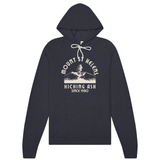 Front view of the Heather Navy Mount St. Helens hoodie with its graphic, white drawcord, and pouch pocket.