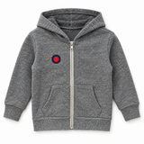 Front of Tri Vintage Grey kids zip hoodie with small navy circle and red center chest print