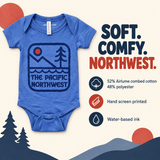 Detail of the screen-printed Retro Pacific Northwest artwork on heather blue fabric