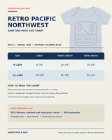Size guide for the Retro Pacific Northwest baby one-piece in sizes 6–12M and 12–18M