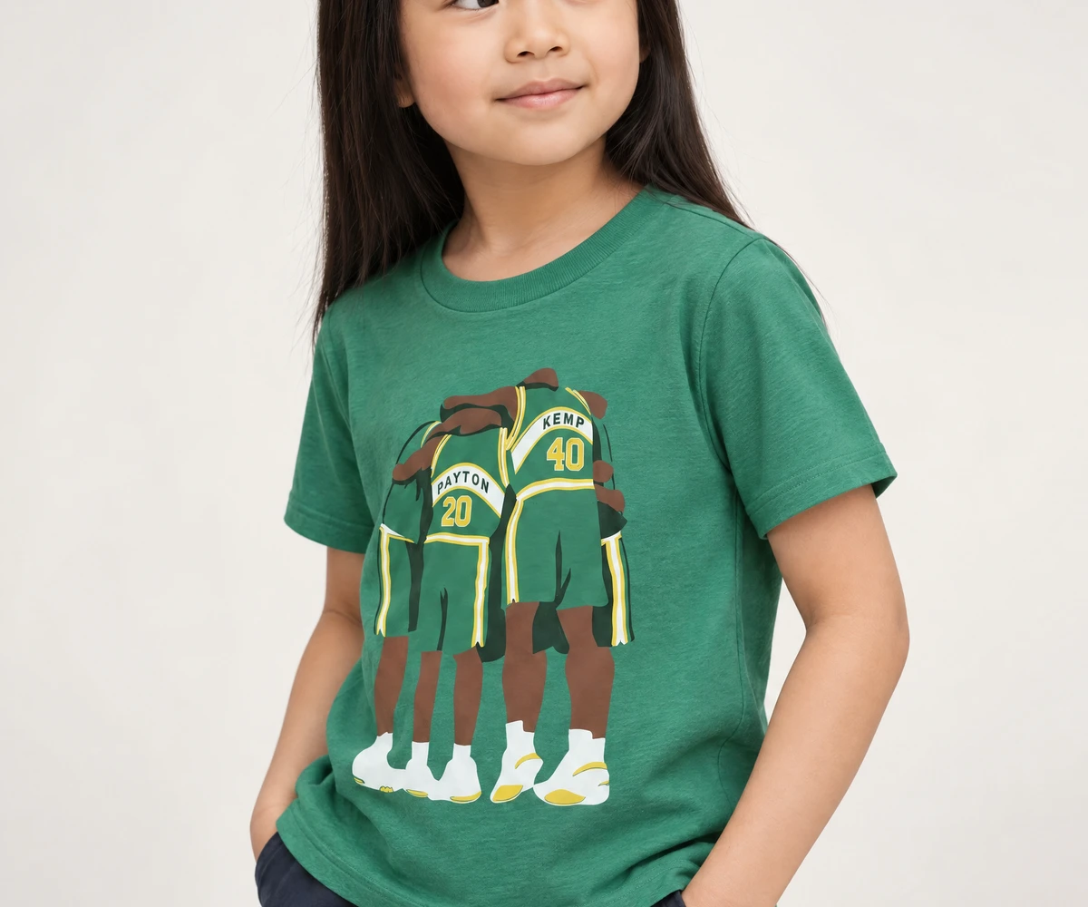 Kid in a green Seattle skyline tee from Sweetpea and Boy