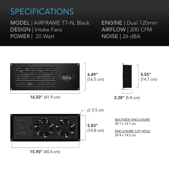 AC Infinity Airframe T7-N Black AV Equipment Closet and Room Fan System 17" Intake