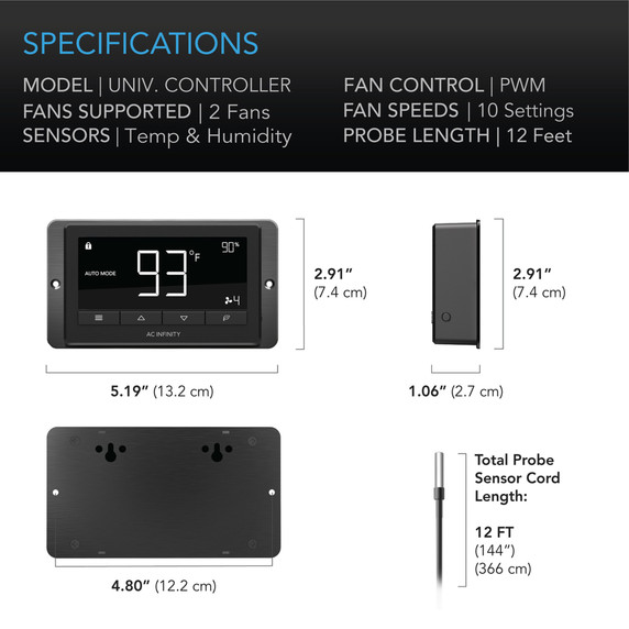 AC Infinity Cloudline T12 Quiet Inline Duct Fan System with Temperature and Humidity Controller 12"