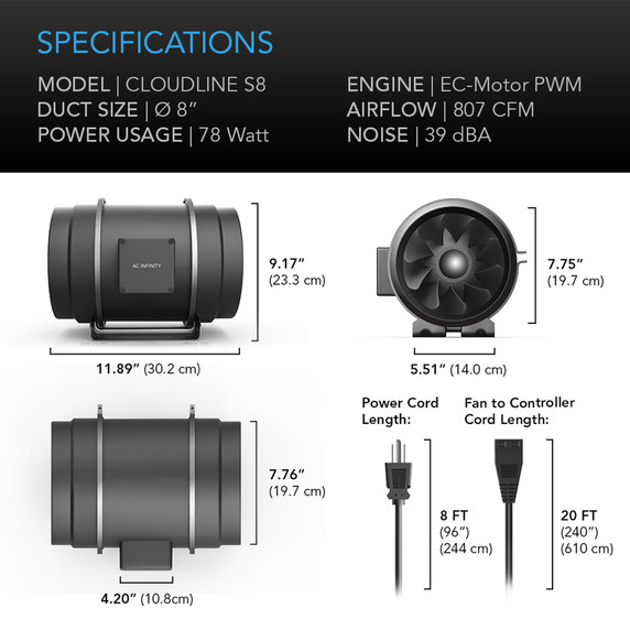 AC Infinity Cloudline S8 Quiet Inline Duct Fan System with Speed Controller 8"