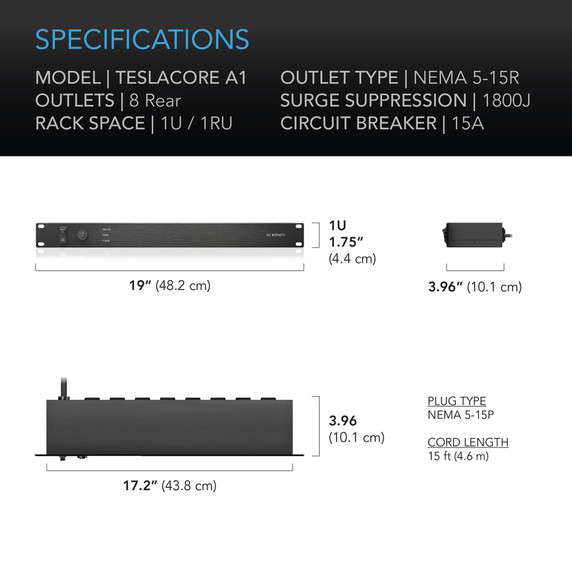 AC Infinity AC Infinity Teslacore A1 Rack Mount Power Distribution Unit (Pdu) 15A 8 Rear Outlets