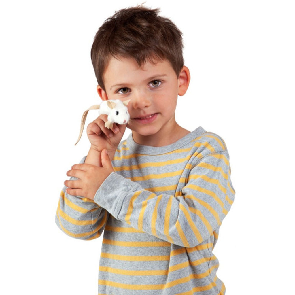 Folkmanis Mini White Mouse Finger Puppet with boy