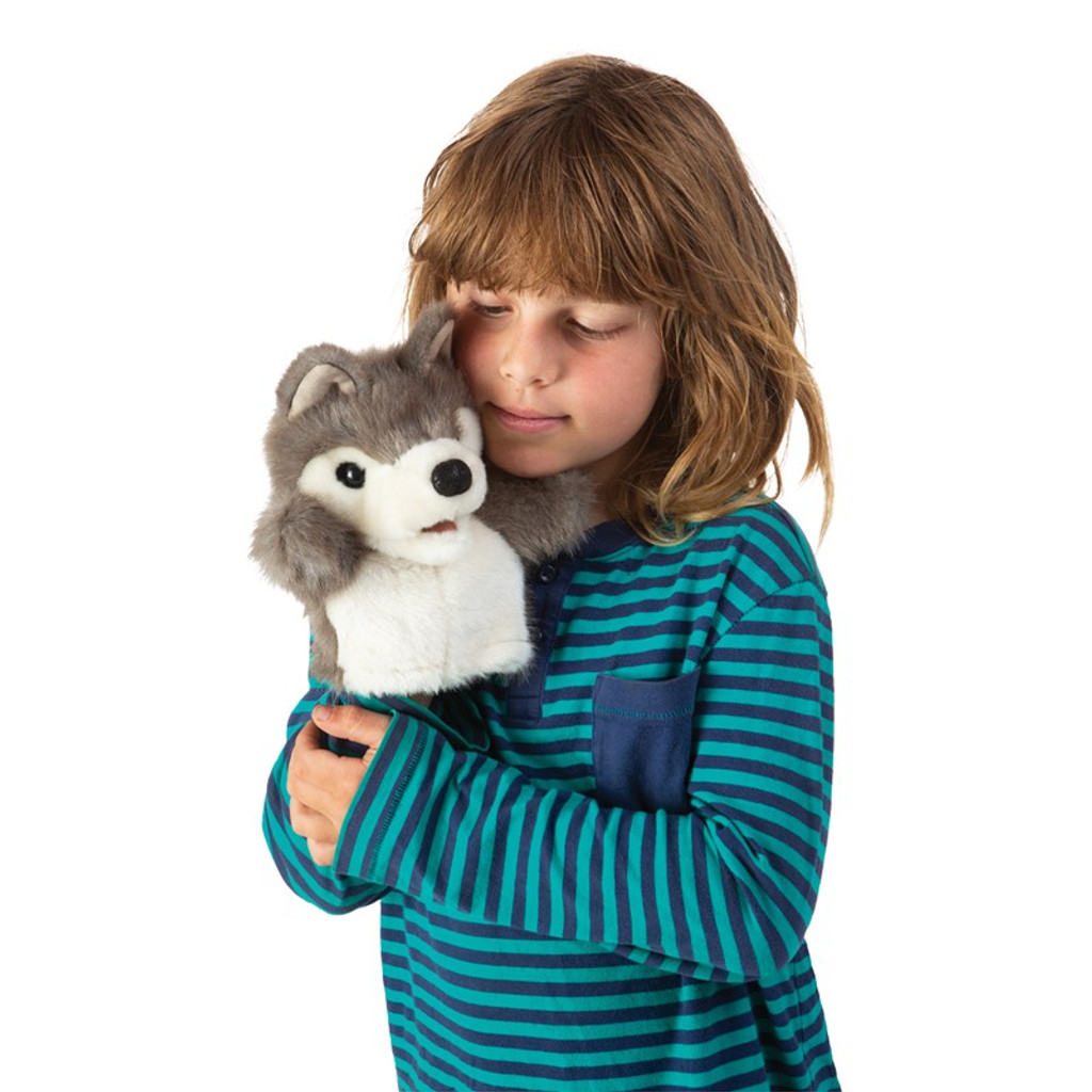 Folkmanis Little Wolf Puppet with girl