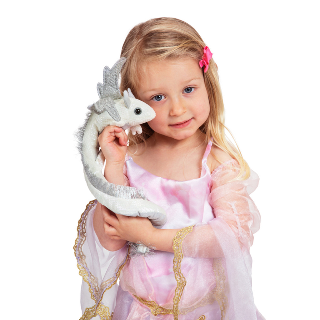 Folkmanis Pearl Wrist Dragon Hand Puppet with girl