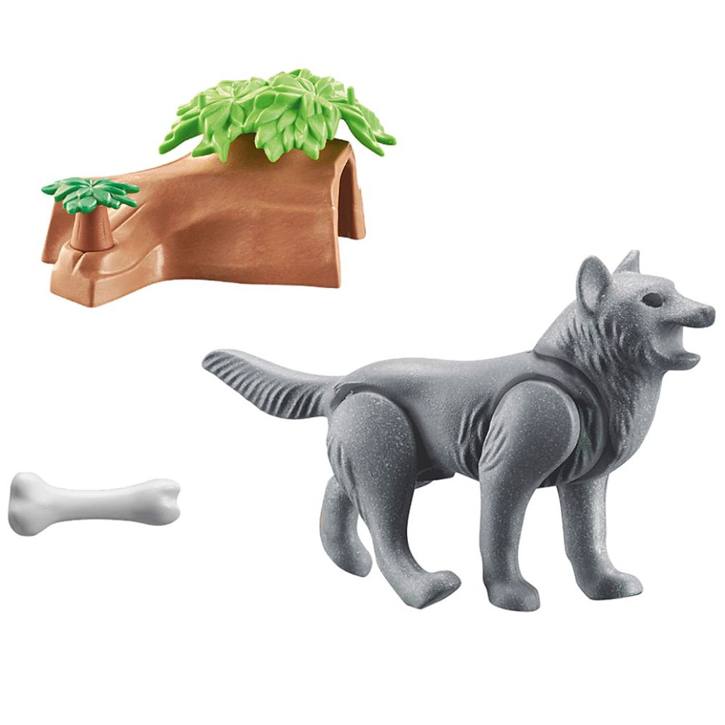 Playmobil Wiltopia Wolf toy with bone and log accessories