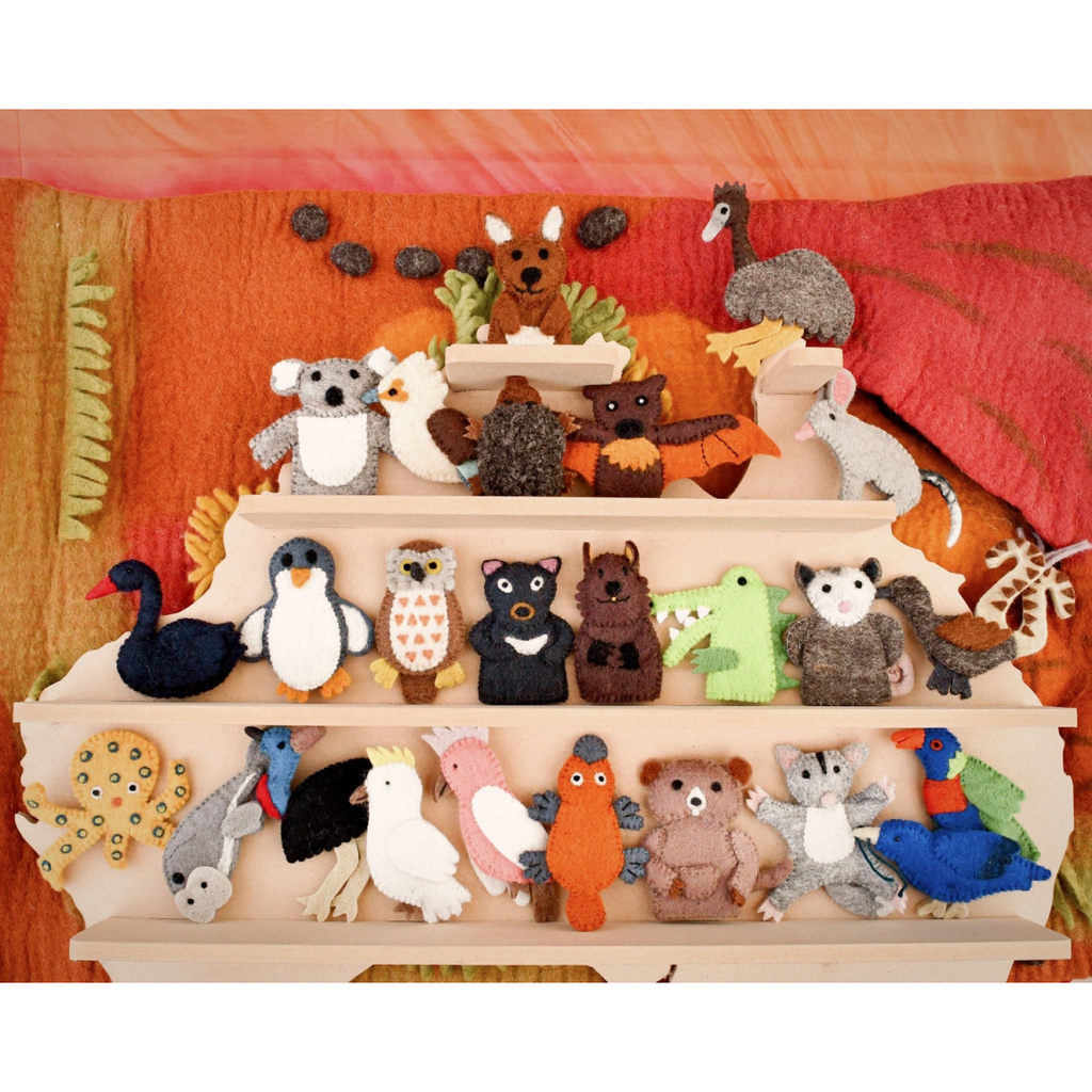 Tara Treasures Australiana Finger Puppets Set of 25 on shelf