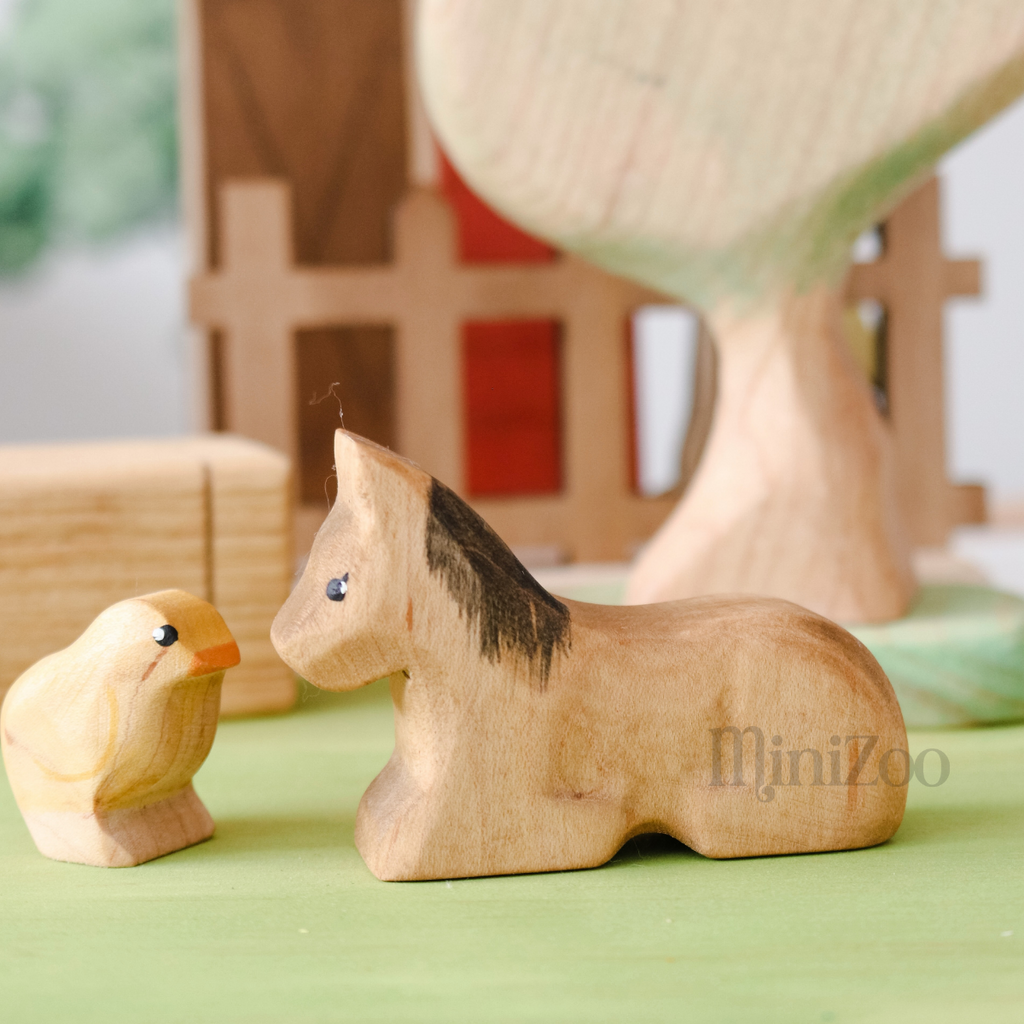 NOM Handcrafted wooden Foal with chick MiniZoo