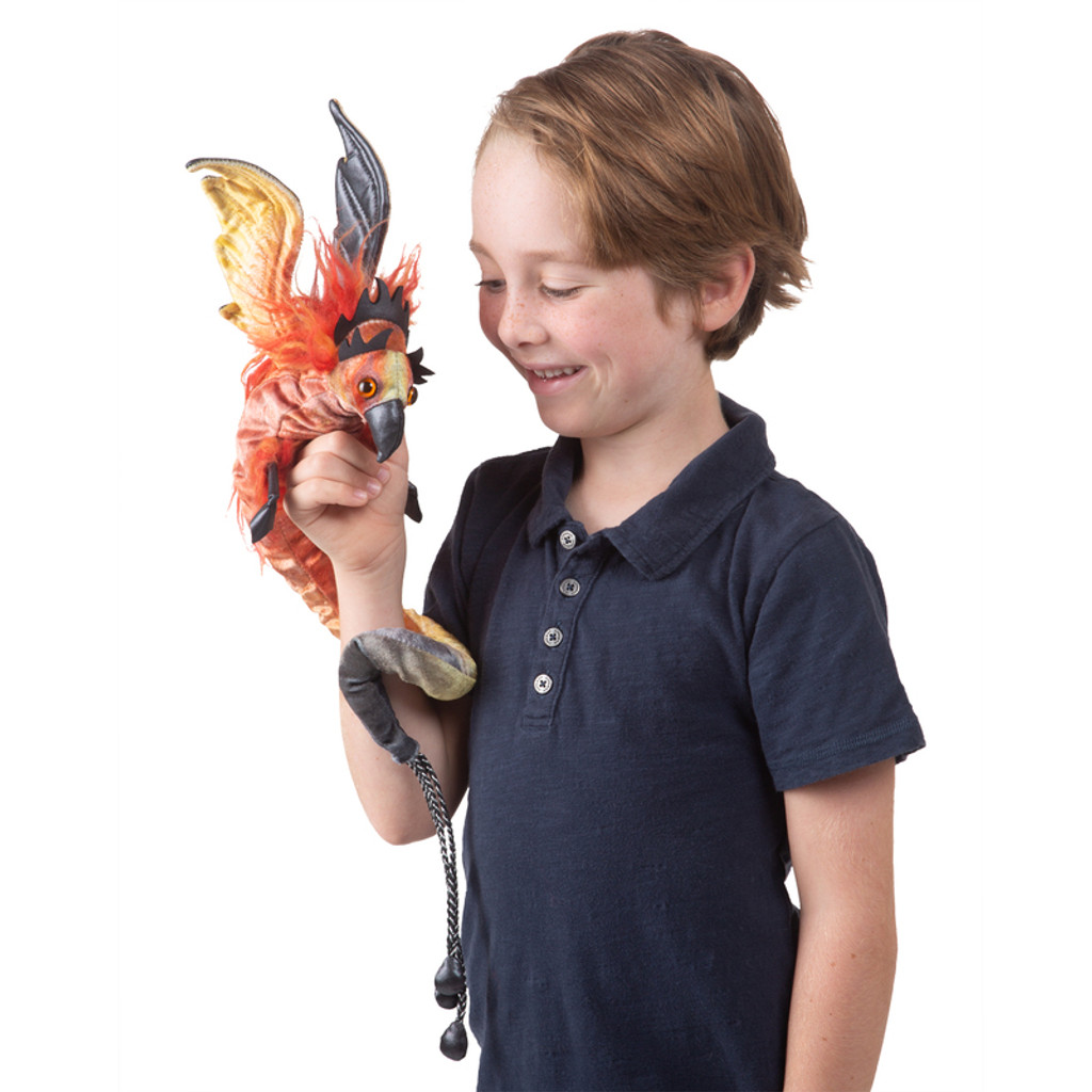 Folkmanis Phoenix Wristlet Puppet on boys hand