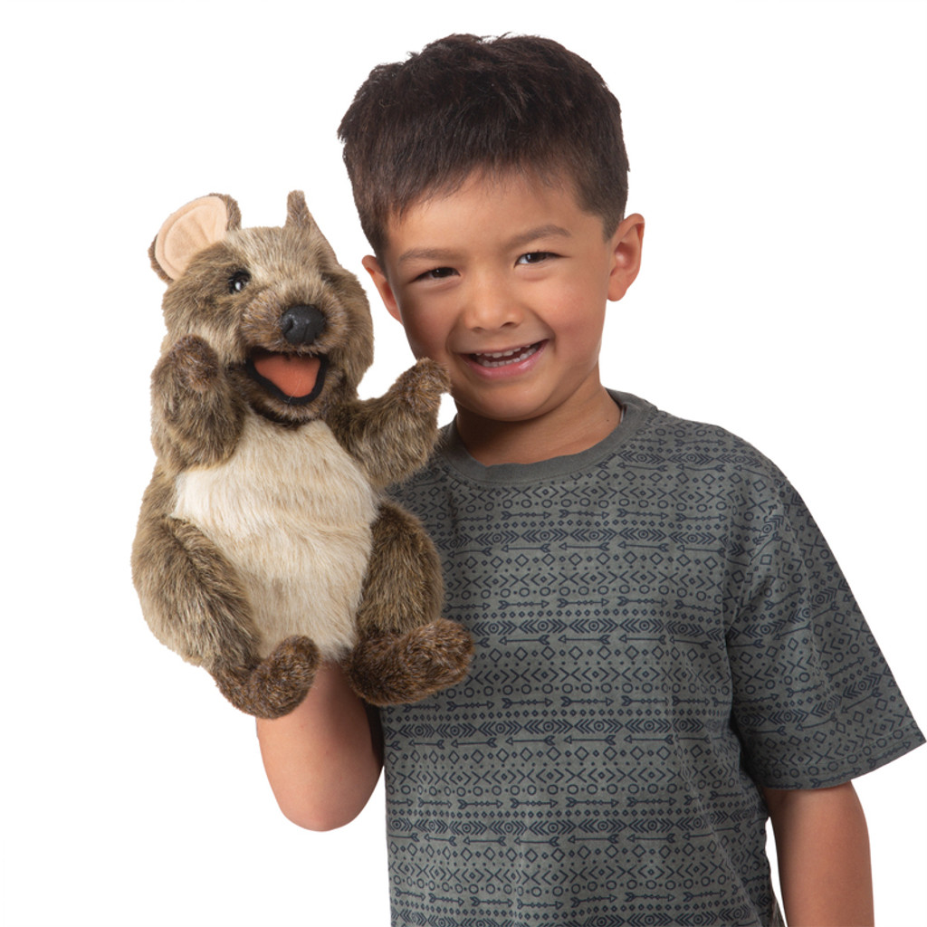 Folkmanis Quokka Puppet with boy