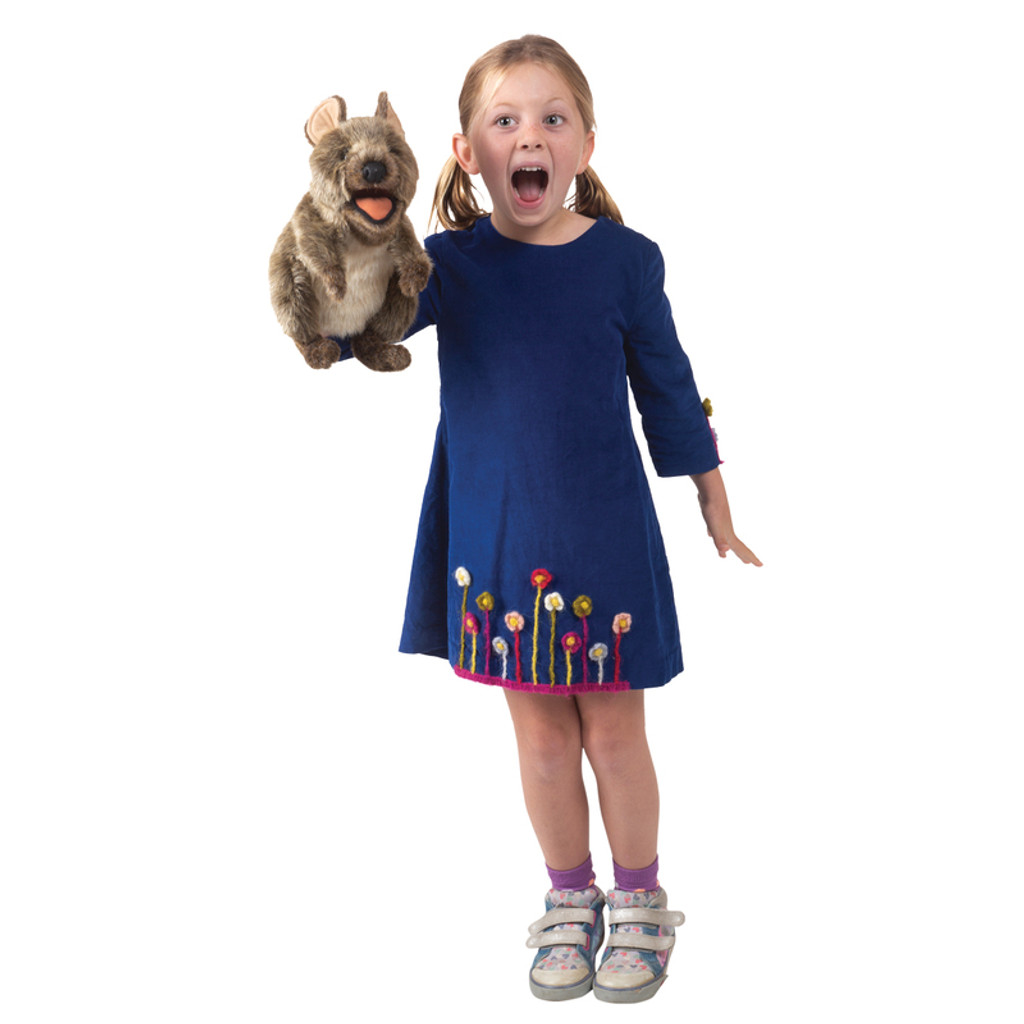 Folkmanis Quokka Puppet with girl