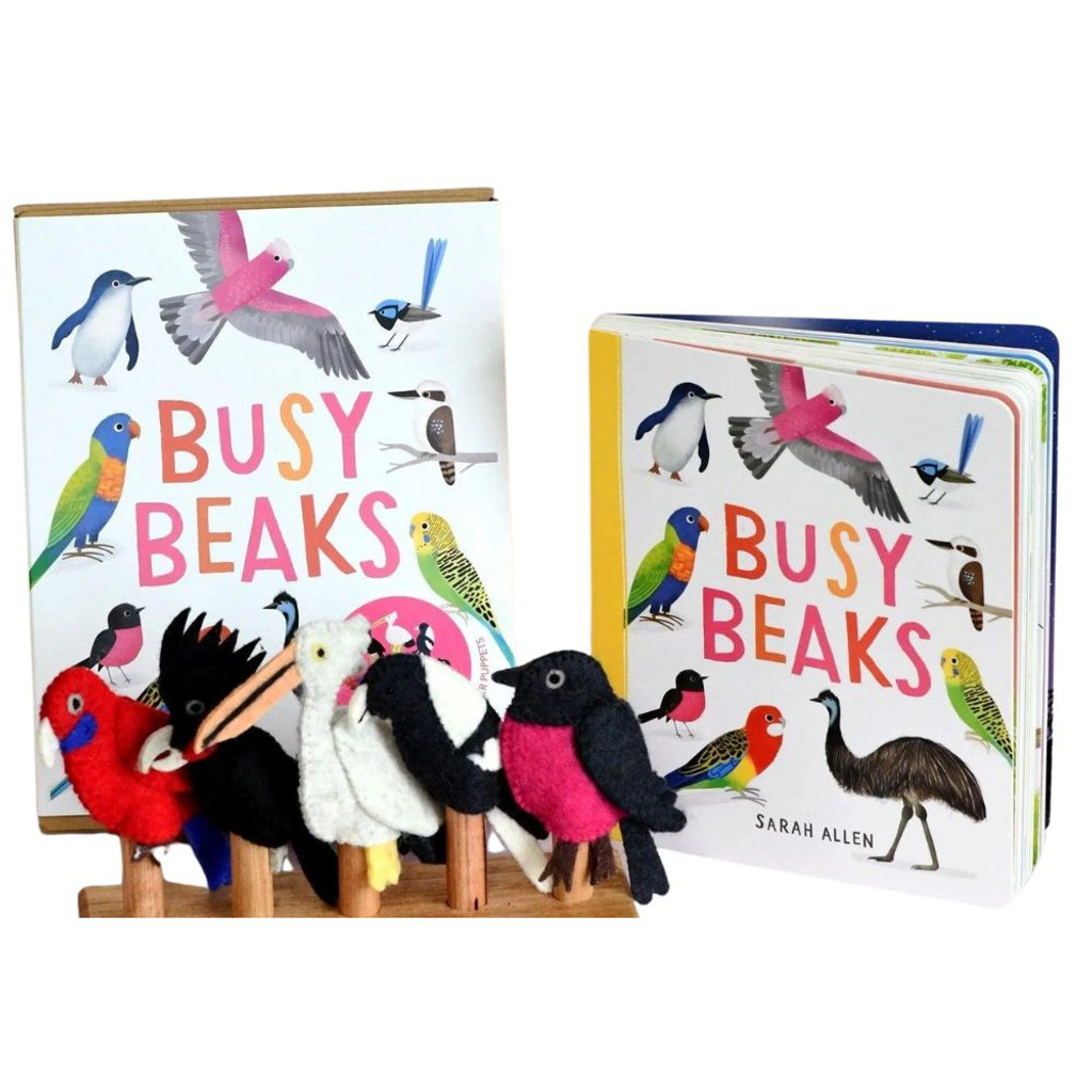 Busy Beaks Book by Sarah Allen with Tara Treasures Felt Australian Birds Finger Puppet Set