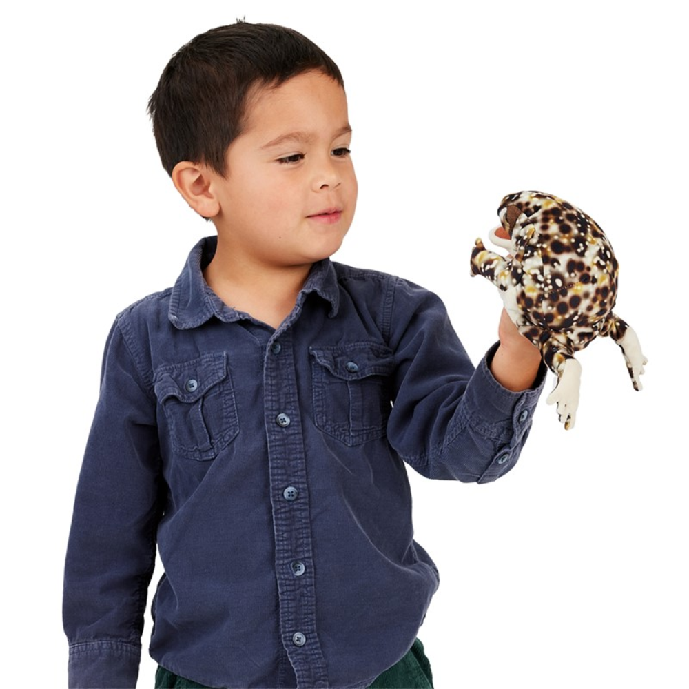 Folkmanis Desert Rain Frog Puppet with boy