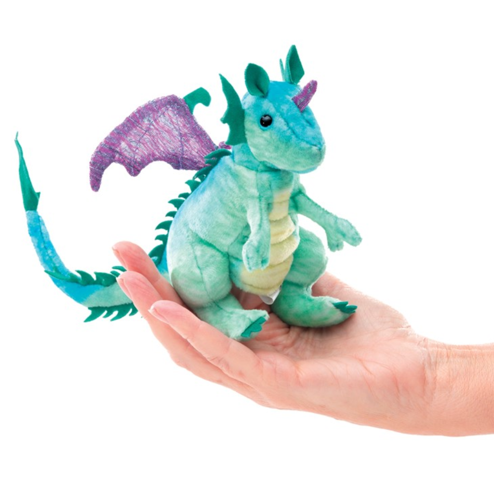 Folkmanis Mini Dragon Finger Puppet on finger