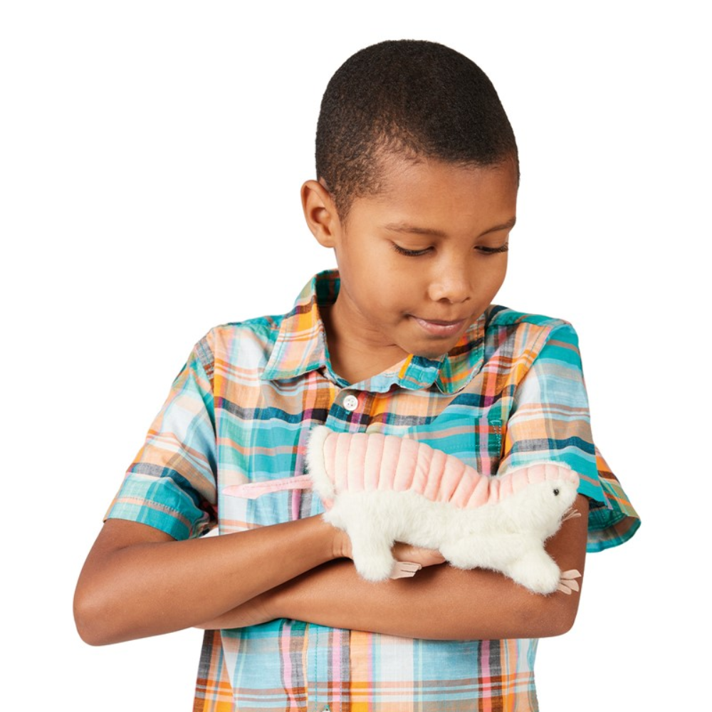 Folkmanis Pink Fairy Armadillo Puppet with kid