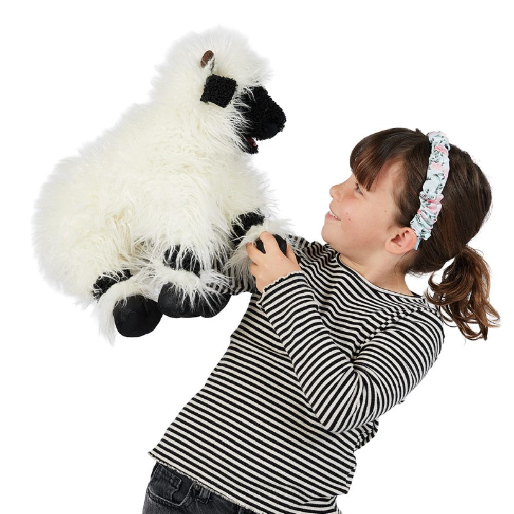 Folkmanis Valais Blacknose Sheep Puppet with girl