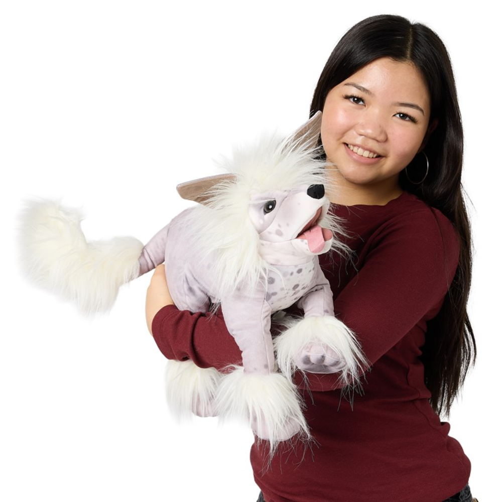Folkmanis Chinese Crested Dog Puppet with girl