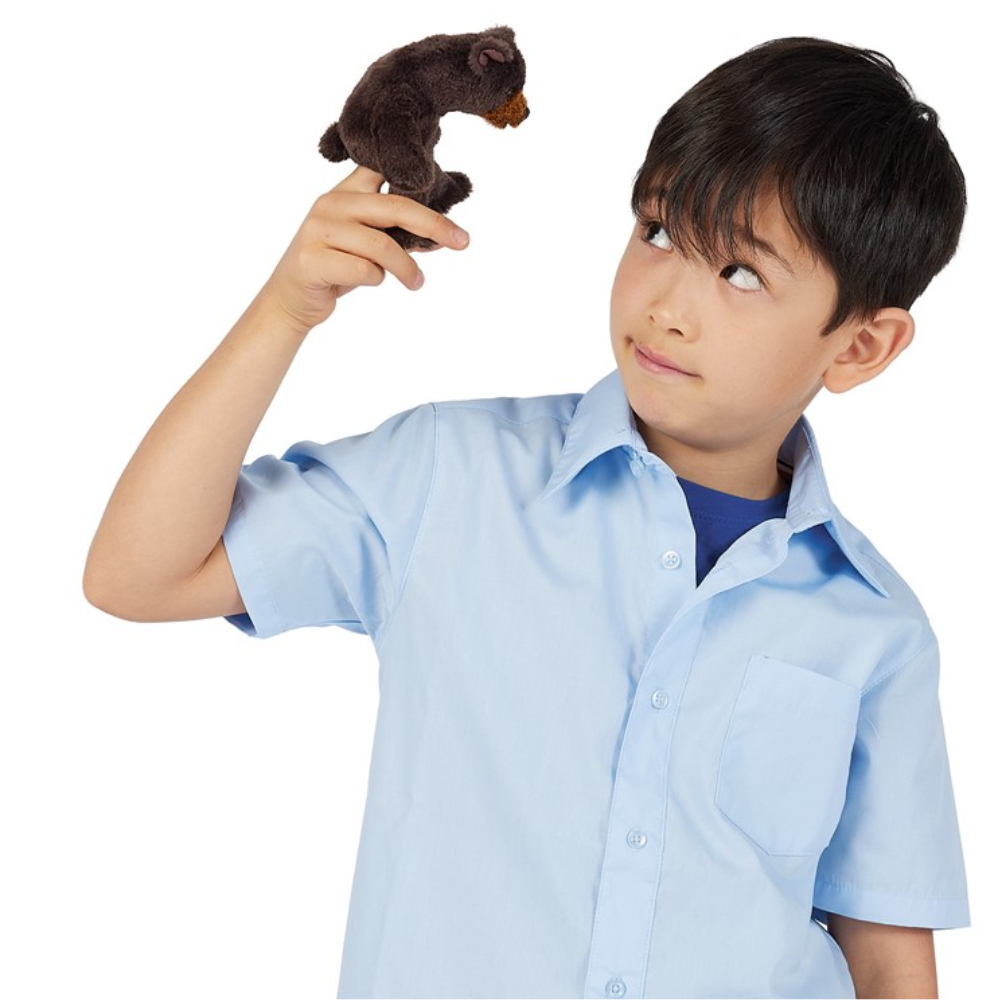 Folkmanis Mini Bear Sitting Finger Puppet with boy