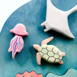 NOM Handcrafted wooden jellyfish manta ray and turtle toys MiniZoo 