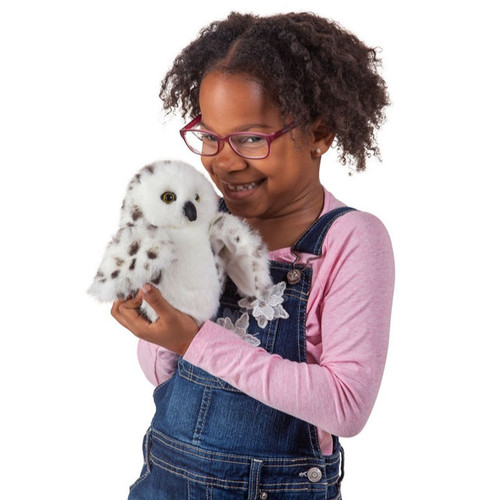 Folkmanis Little Snowy Owl Puppet with girl