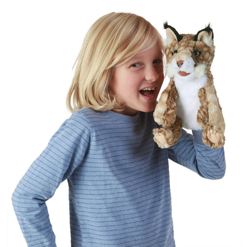 Folkmanis Bobcat Kitten Puppet with kid