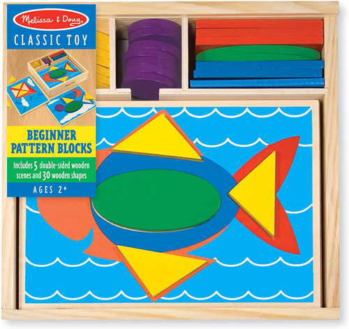 Melissa & Doug Beginner Wooden Pattern Blocks Educational Toy With 5 Double-Sided Scenes and 30 Shapes