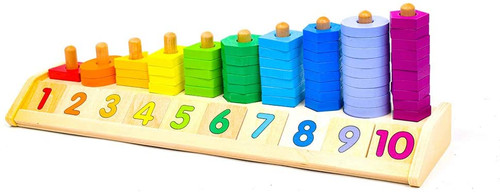 Melissa & Doug Counting Shape Stacker, Wooden Educational Toy with 55 Shapes and 10 Number Tiles