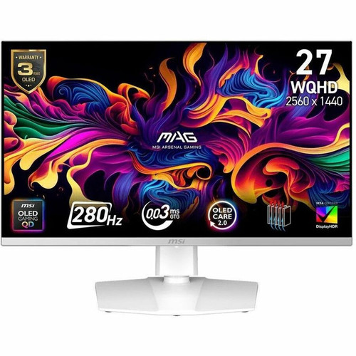 MSI MAG 272QPW QD-OLED X28 27-inch 2560 x 1440 (QHD) Gaming Monitor, 280Hz, Adaptive-Sync, HDR Ready, HDMI, VGA Port, VESA Mountable, Tilt, 4-Side Slim Bezel, 0.03ms, White