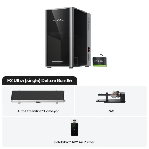 xTool F2 Ultra 60W MOPA Fiber Laser Engraver with an Auto Streamline™ Conveyor, RA3, and  SafetyPro™ AP2 Deluxe Bundle