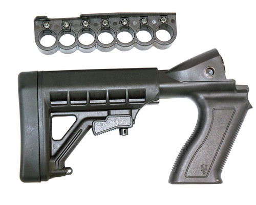 Archangel® 12 Gauge Tactical Pistol Grip Stock for the Mossberg® 500® / 590® / Maverick® 88®  includes 6 Position Adjustable Buttstock with Recoil Pad and (7) Rd Shell Carrier - Black Polymer Archangel® 12 Gauge Tactical Pistol Grip Stock for the Mossberg® 500® / 590® / Maverick® 88®  includes 6 Position Adjustable Buttstock with Recoil Pad and (7) Rd Shell Carrier - Black Polymer
