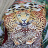 Mini dress with long sheer fluted sleeves in colorful multi animal print. S