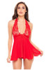 2Pc Lace & Mesh Halter Babydoll & G-String Set Red  2Pc Lace & Mesh Halter Babydoll & G-String Set Red