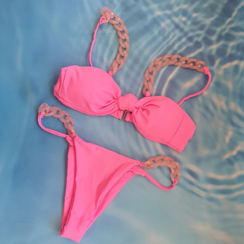 Bikini set including front knot padded bandew top with back closure and medium coverage bottom. Sizes S and M and L