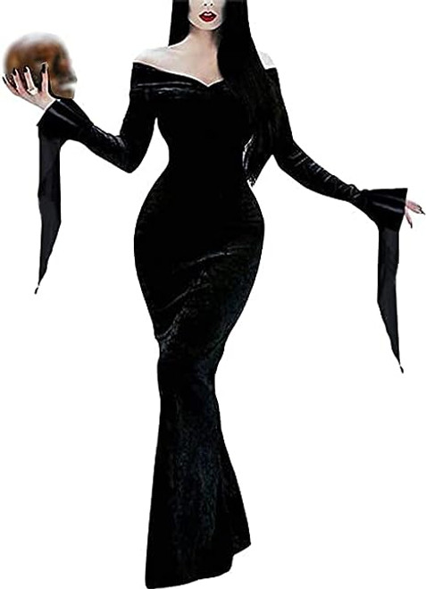 Women's Morticia Addams Gothic Witch Dress Halloween Costume Sexy Off Shoulder Dresses