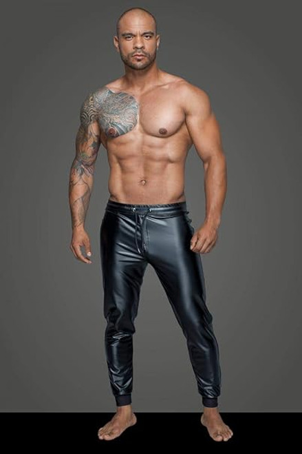 Noir Handmade Men's Wetlook Long Trousers Black with Inserts and Pockets Made of Mesh Material