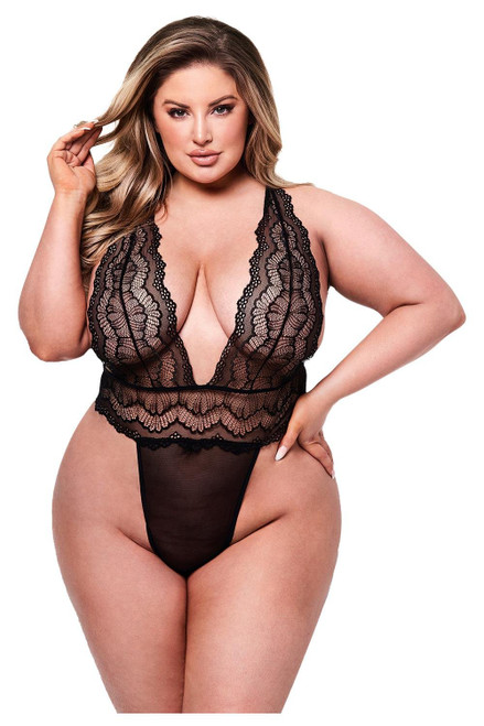 Sexy Deep V Lace Teddy Black, Queen