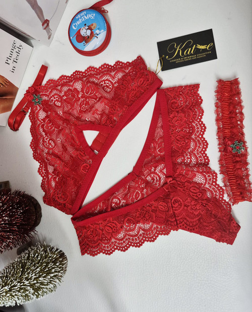 Lingerie set by Katie in red flover lace and snowflake charms. Size S/M