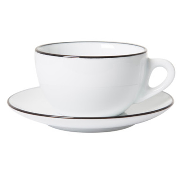 Verona latte cup with black painted rim on cup and saucer