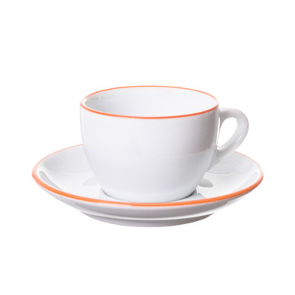 white cappuccino cup and saucer with orange painted rim